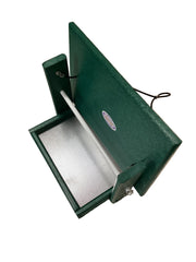 Green polywood cylinder feeder with roof pulled back to show the cylinder pin and tray