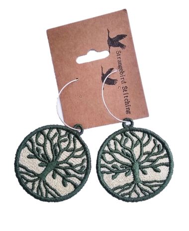 Hoops Embroidered Earrings - Tree of Life - forest green on beige