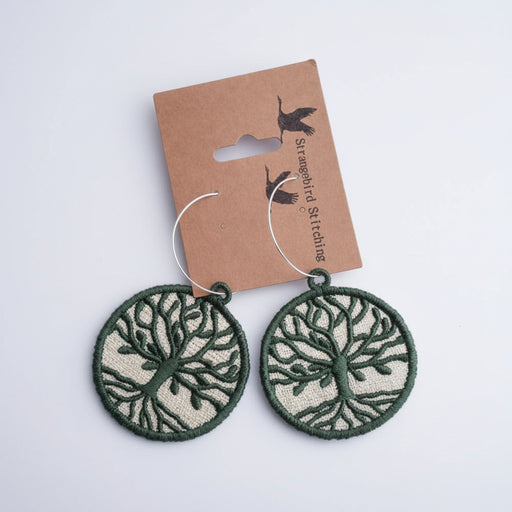 Hoops Embroidered Earrings - Tree of Life - forest green on beige