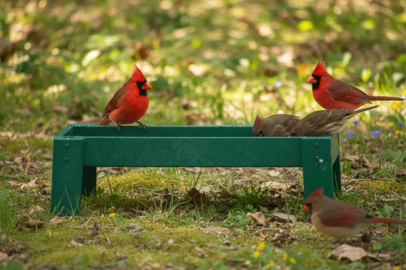 green ground bird feeder with cardinals eating out of it