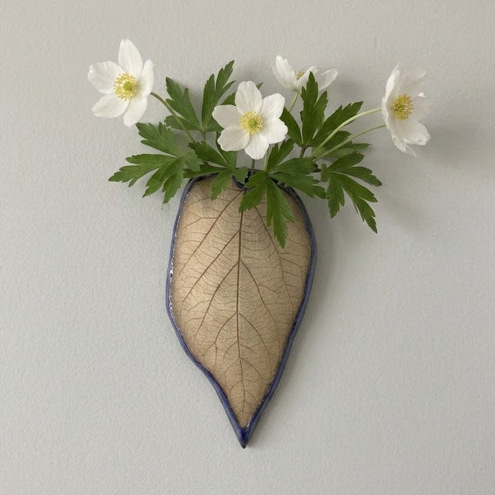 Small Leaf Pocket Vase - Common Hackberry, mounted on a light gray wall and holding white Canada anemone