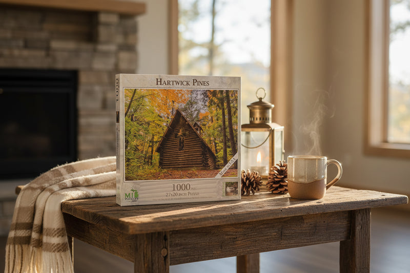 Hartwick Pines 1000 Piece Puzzle on a coffee table in a living room