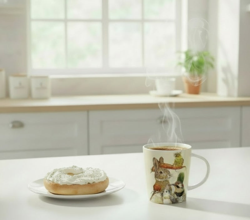 mug of hot coffee and a bagel with cream cheese on a kitchen counter