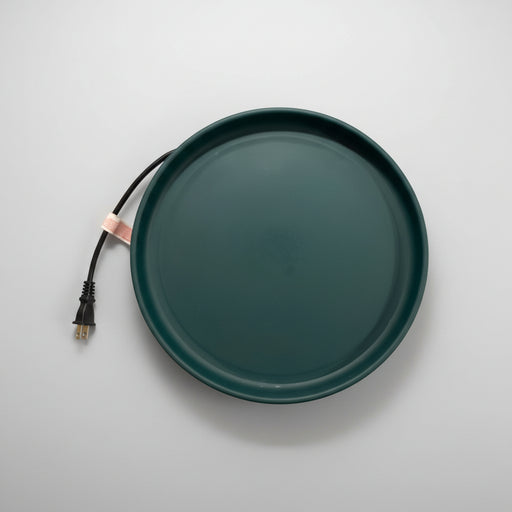 Green heating bird bath replacement dish with a power cord on a white  background