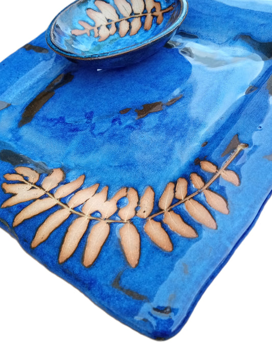 Square Stoneware Platter with Bowl - Honey Locust