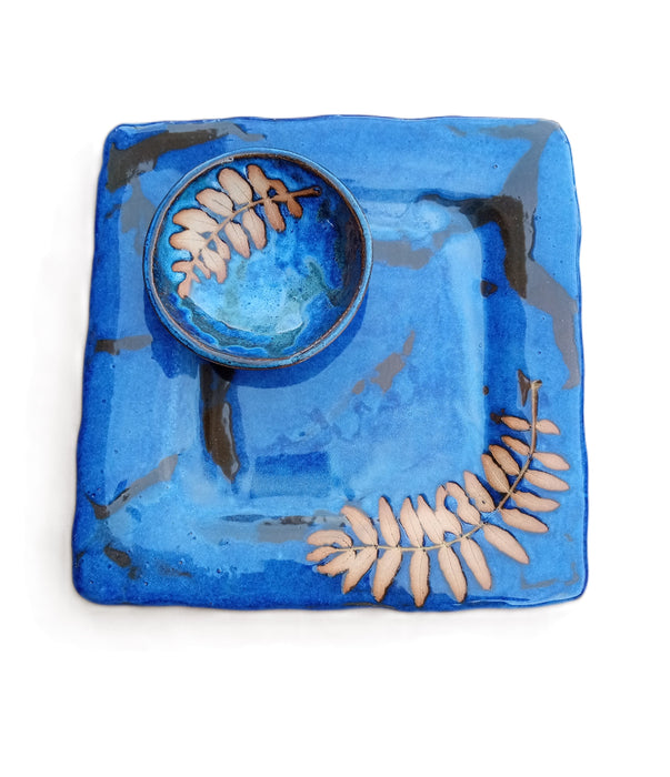 Square Stoneware Platter with Bowl - Honey Locust