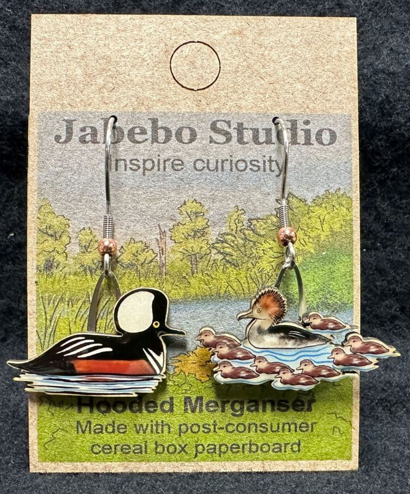 Hooded Merganser Earrings with packaging