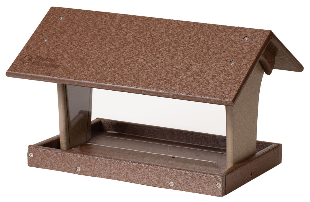 Recycle Hopper Bird Feeder - Post Mount shown in Tudor Brown and Weathered Wood