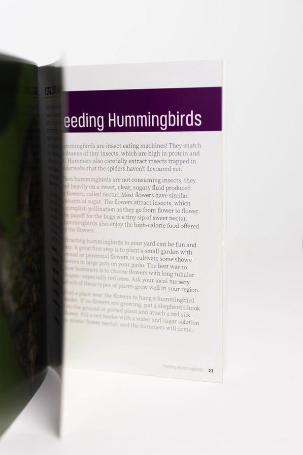 Open book showing a page about feeding hummingbirds with text and a purple banner.