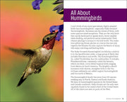 Book page about hummingbirds with a colorful illustration of a hummingbird and text.