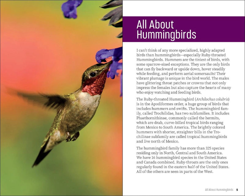 Book page about hummingbirds with a colorful illustration of a hummingbird and text.
