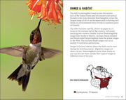 Hummingbird feeding on a flower with habitat information on a map.