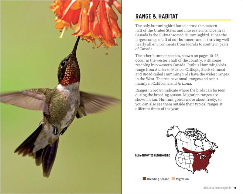 Hummingbird feeding on a flower with habitat information on a map.