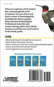 Back cover of a book about hummingbirds with text and images of a Ruby-throated Hummingbird.