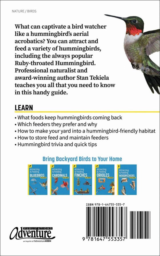 Back cover of a book about hummingbirds with text and images of a Ruby-throated Hummingbird.