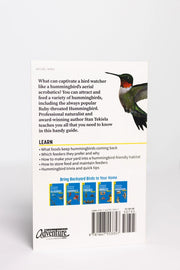 Back cover of a book or guide about hummingbirds with text and images on a white background