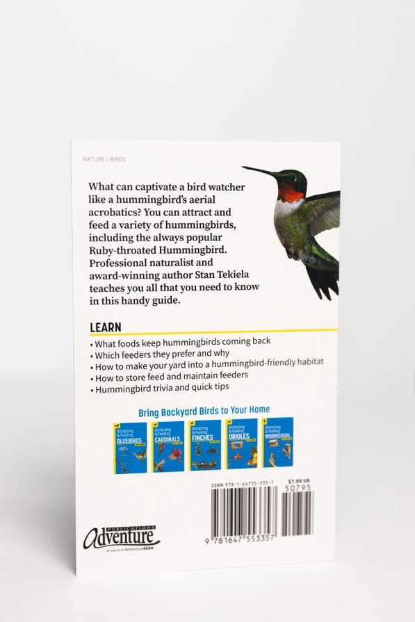 Back cover of a book or guide about hummingbirds with text and images on a white background