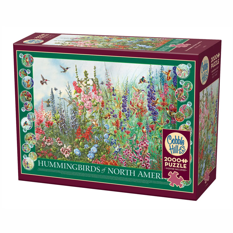 Cobble Hill puzzle box featuring a garden scene with flowers and birds on a white background