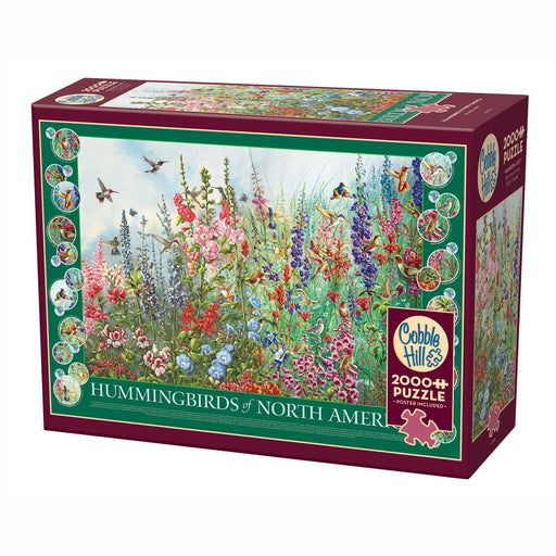 Cobble Hill puzzle box featuring a garden scene with flowers and birds on a white background