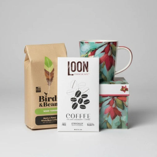 All Occasions Gift Bundle - Dark Chocolate and Medium Roast Coffee includes a chocolate bar, a bag of whole bean medium roast coffee and a mug