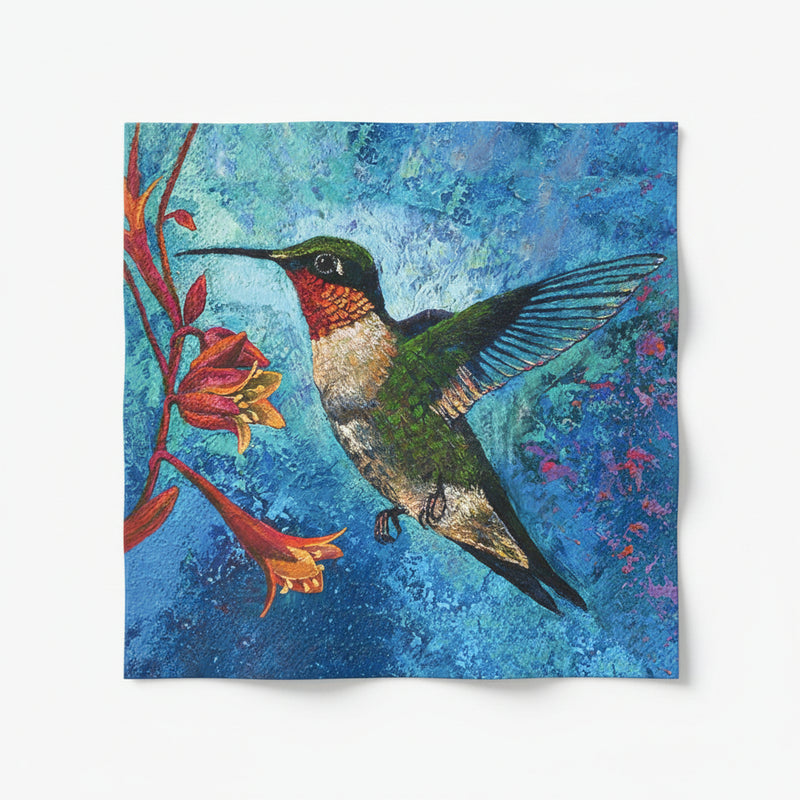 Artistic depiction of a hummingbird hovering near a red flower against a bright blue background