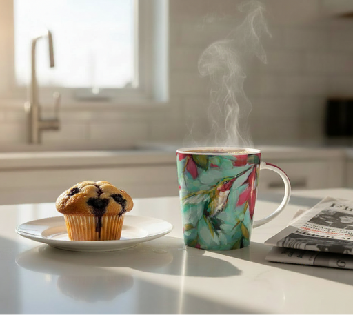 Mug in Gift Box - Colibri Flowers
mug of hot coffee, blueberry muffin and a newspaper on a sunny morning