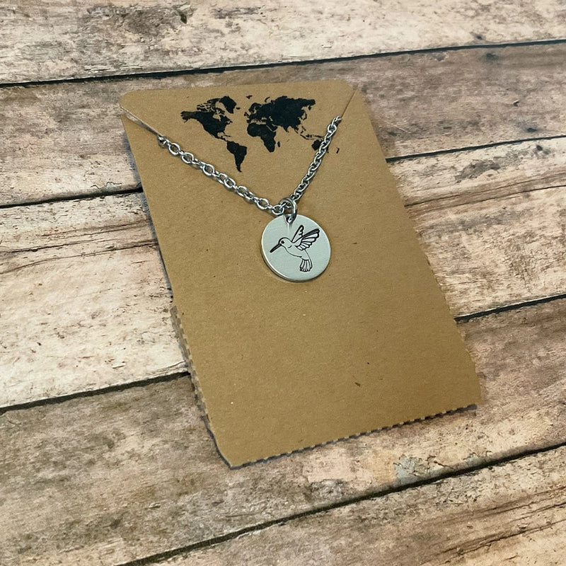 Hummingbird Circular Charm Necklace in Silver Color