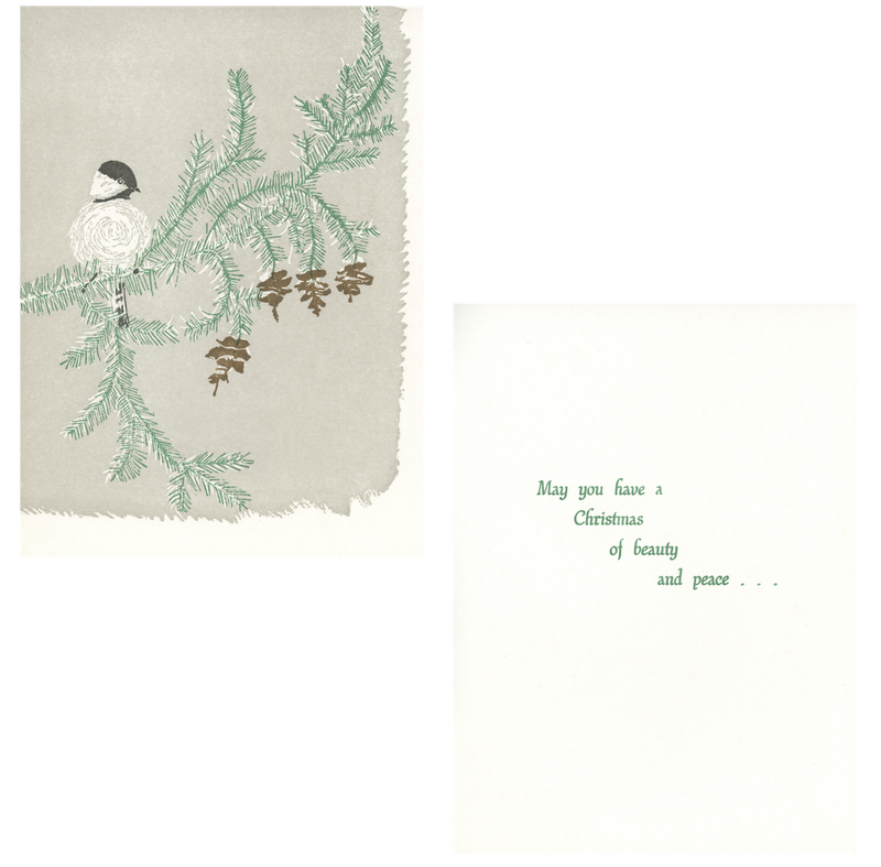 chickadee sitting on pine branch large Christmas card front and inside message