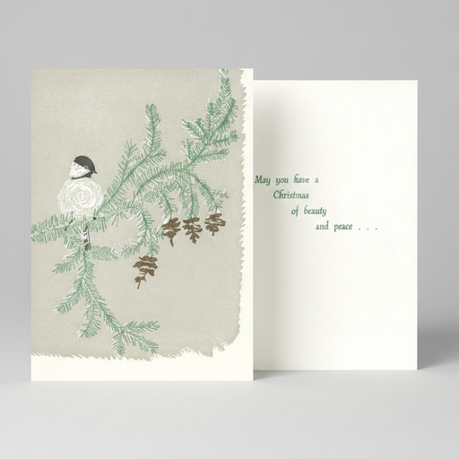 chickadee sitting on pine branch large Christmas card front and inside message