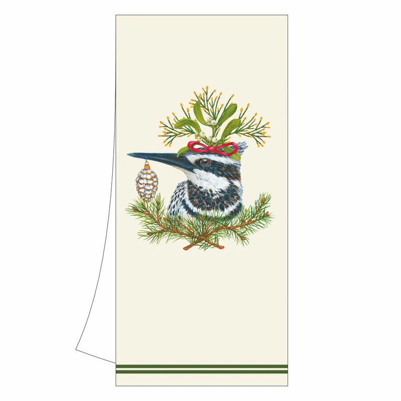 Towel with kingfisher decorated in boughs of evergreen, holding a pinecone ornament in beak, cream backround