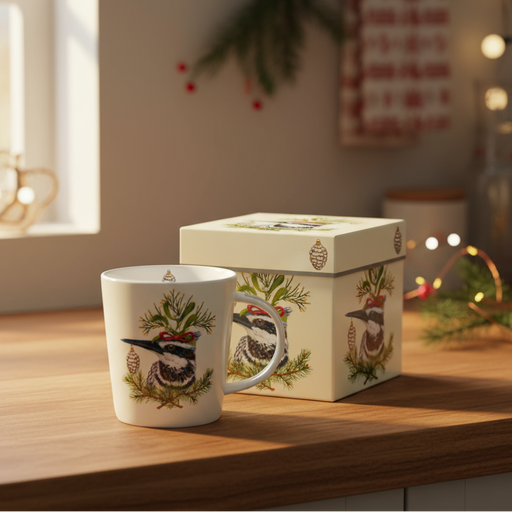 Cream mug with kingfisher adorned in festive green sprigs and a red bow. holding a pinecone ornament. 