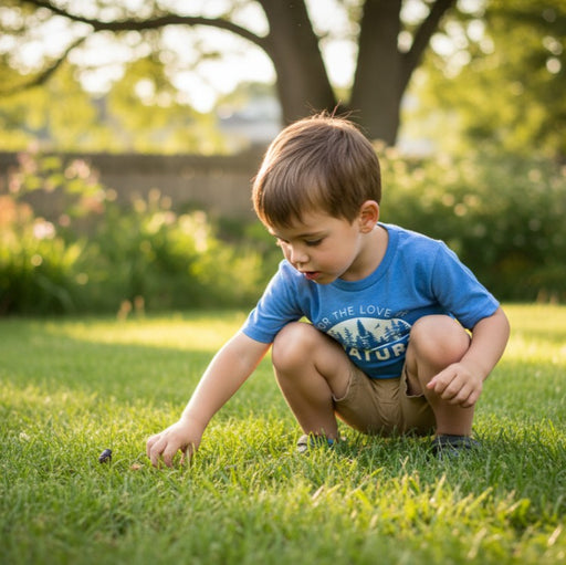 Kid's T-Shirt - For the Love of Nature
Little boy playing in the back yard wearing  Nature Niche shirt