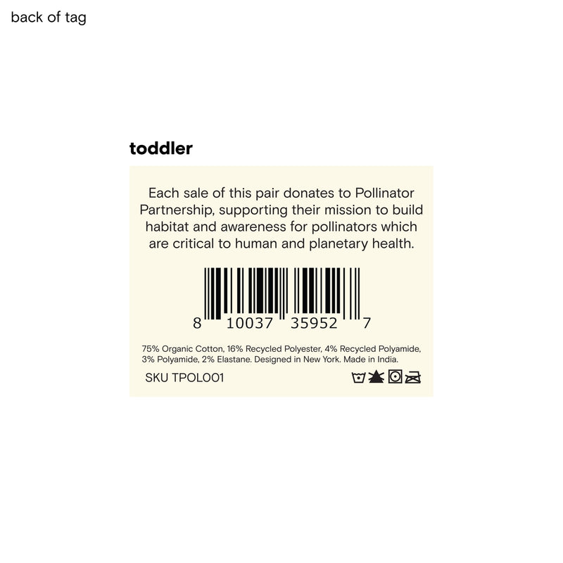 Back of a clothing tag for a toddler item, detailing donation to Pollinator Partnership.