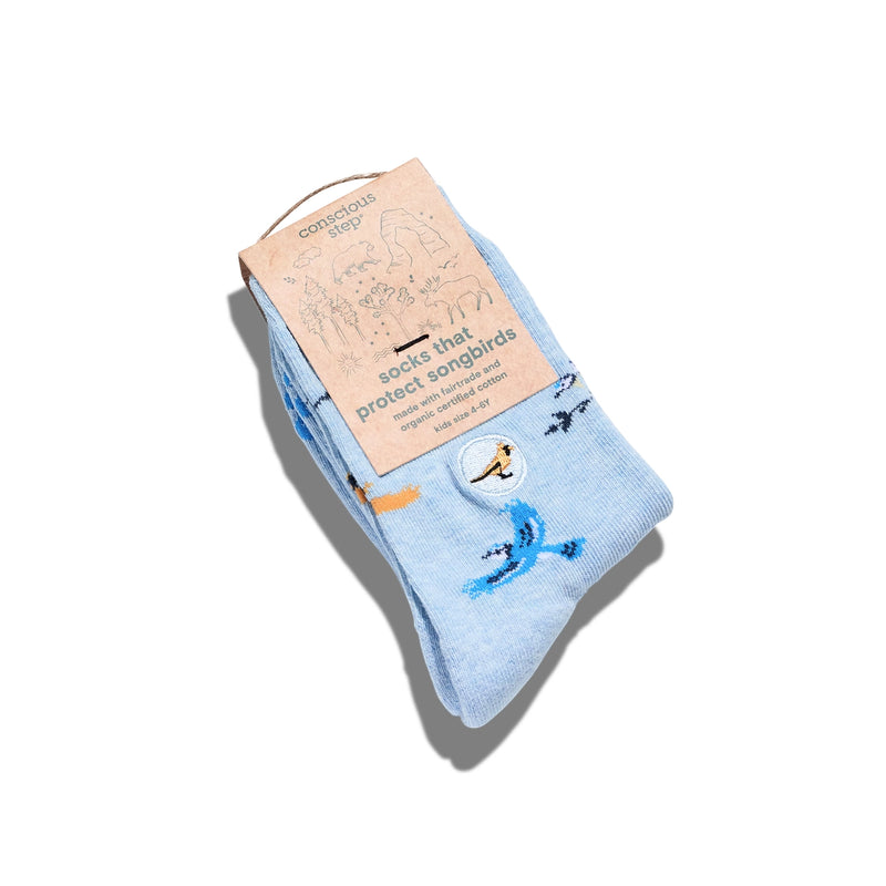 Light blue folded socks with bird design with packaging 