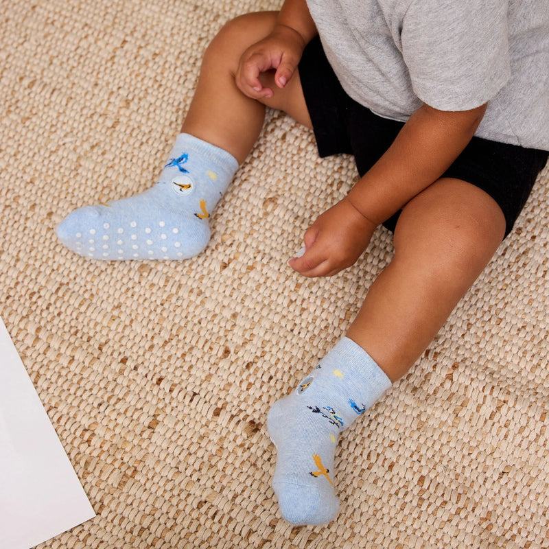 Child wearing light blue socks with bird patterns on a beige carpet