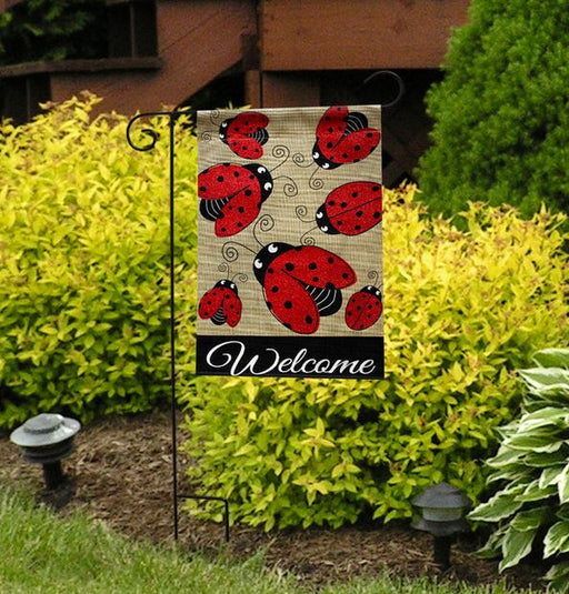 Ladybug Gathering Burlap Garden Flag - flag stand not included