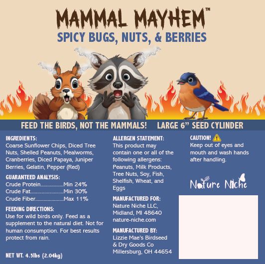 Mammal Mayhem Spicy Bugs, Nuts, & Berries - Large Seed Cylinder 4.5 lbs -nutrition and ingredients