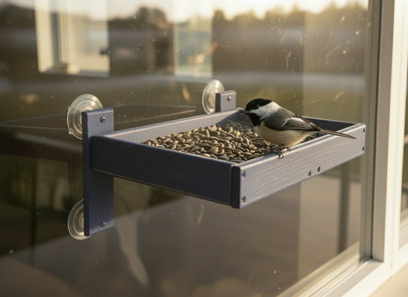 Bird perched on a window-mounted bird feeder with seeds.