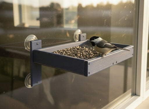 Bird perched on a window-mounted bird feeder with seeds.