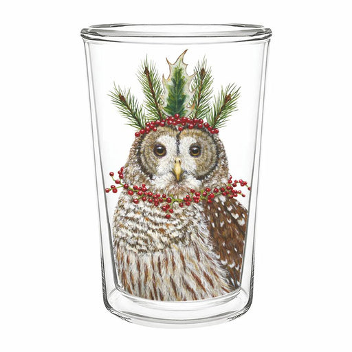 Glass tumbler with an owl design wearing a festive greenery and berries headband on a white background