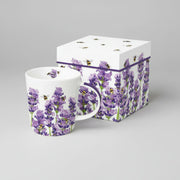White mug with lavender and bee design and matching box