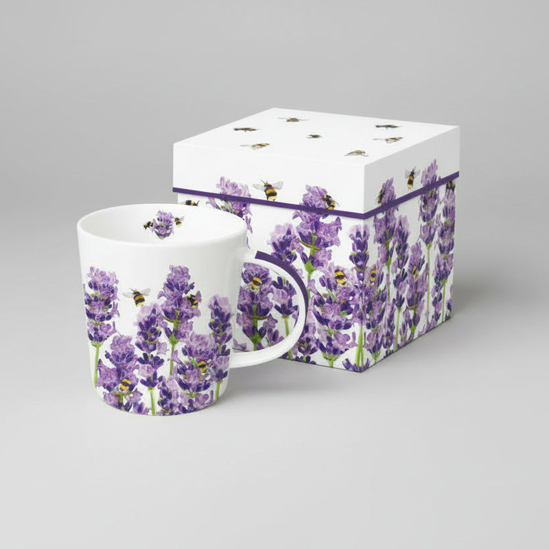 White mug with lavender and bee design and matching box
