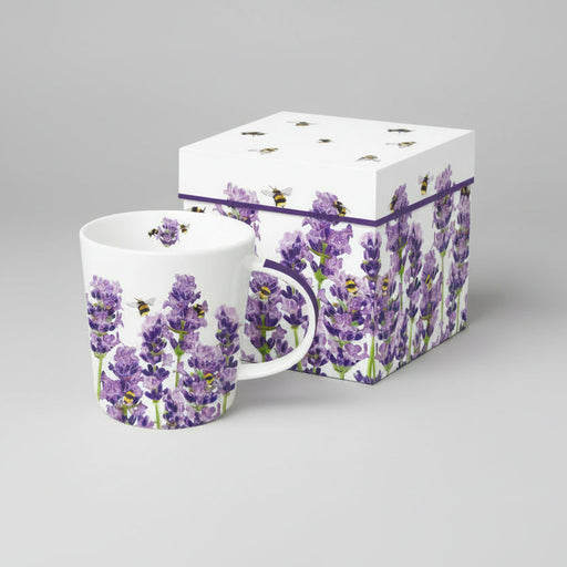 White mug with lavender and bee design and matching box