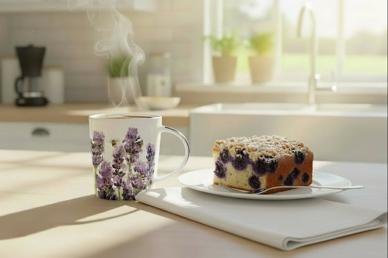 Cup of coffee with a floral design and a piece of blueberry cake on a plate in a kitchen setting.