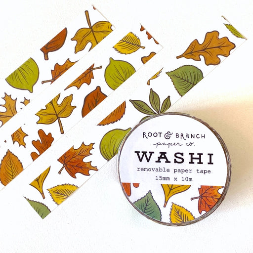 Washi tape with leaf design and 'Root & Branch' branding on a white background