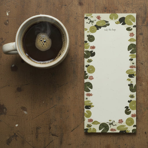 Leap Lily Pond Notepad along side a cup of morning coffee