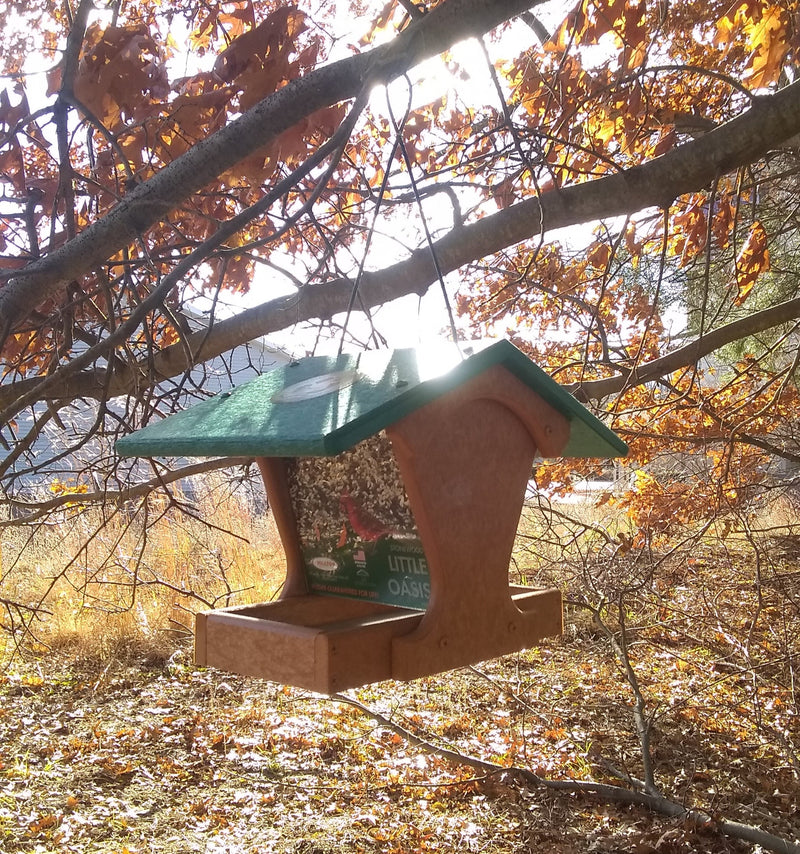 Little Oasis Recycled Bird Feeder - tan with green roof