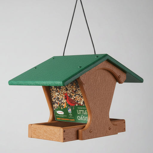 Little Oasis Recycled Bird Feeder - tan with green roof