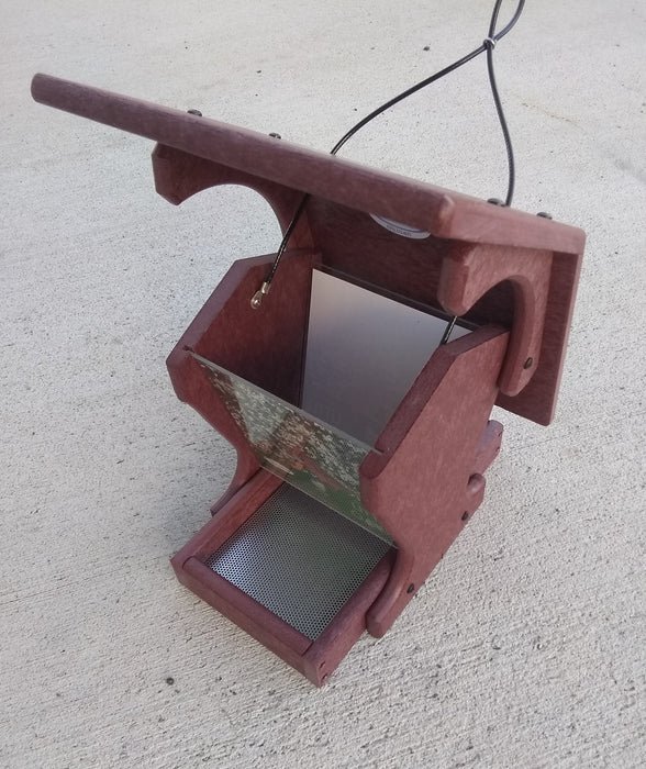 Little Oasis Recycled Bird Feeder - top hitches up for easy filling