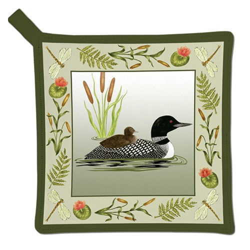Potholder with loon and chick design on a white background